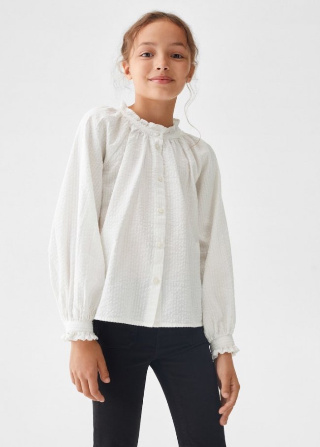 Mango Blusa algodón fruncida - Crudo