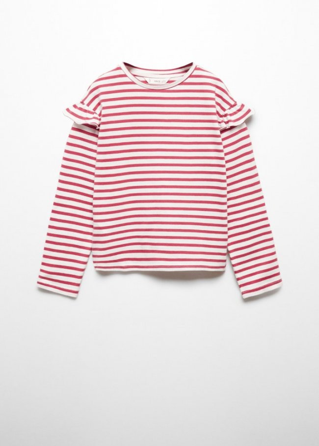 Mango Camiseta rayas manga volante - Cereza