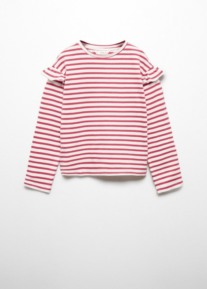 Mango Camiseta rayas manga volante - Cereza