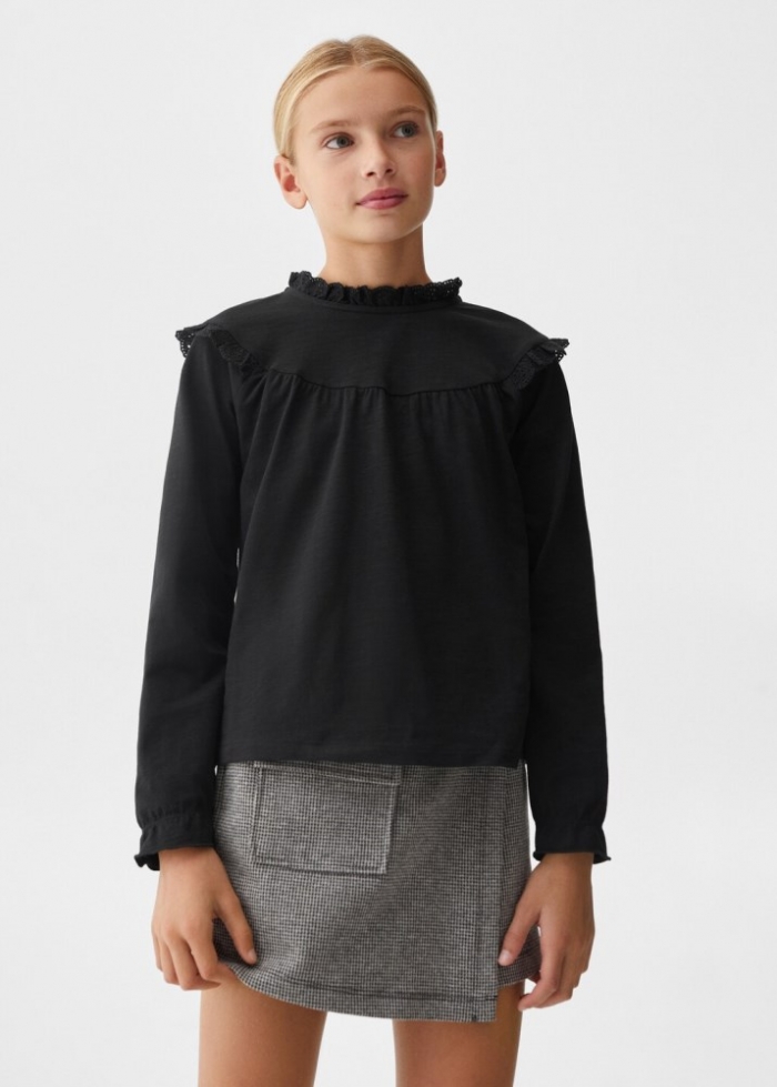 Mango Camiseta manga larga volantes - Negro