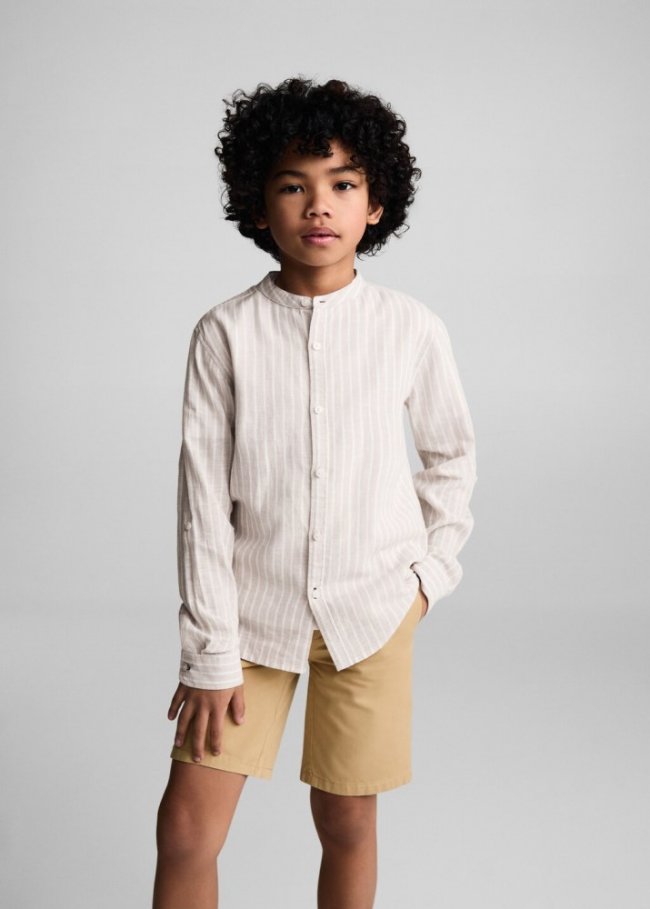 Mango Camisa lino cuello mao rayas - Arena