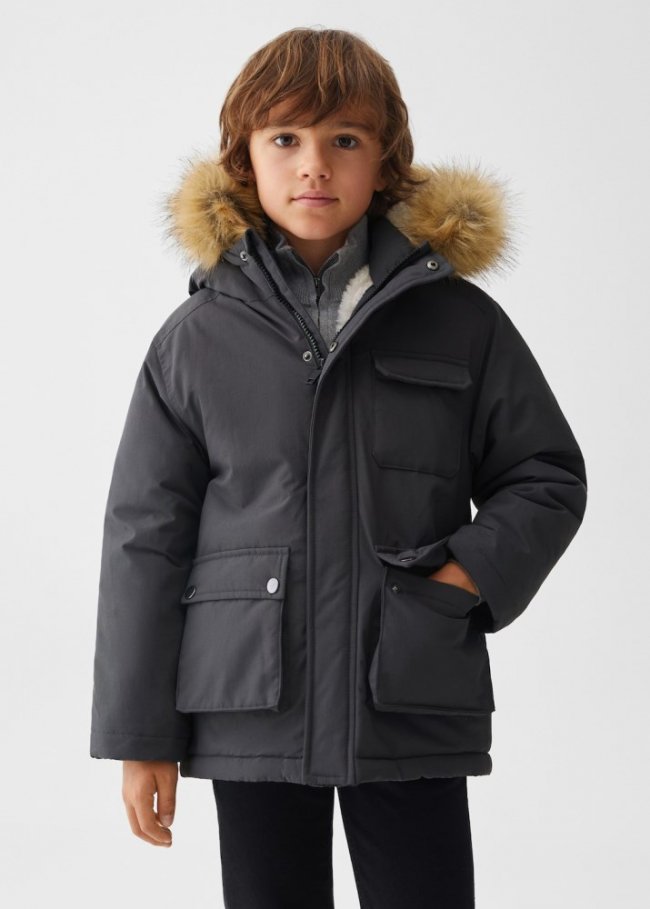 Mango Anorak capucha pelo - Gris antracita