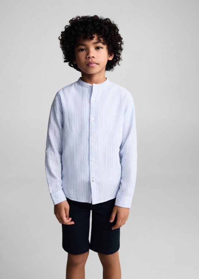 Mango Camisa lino cuello mao rayas - Azul celeste