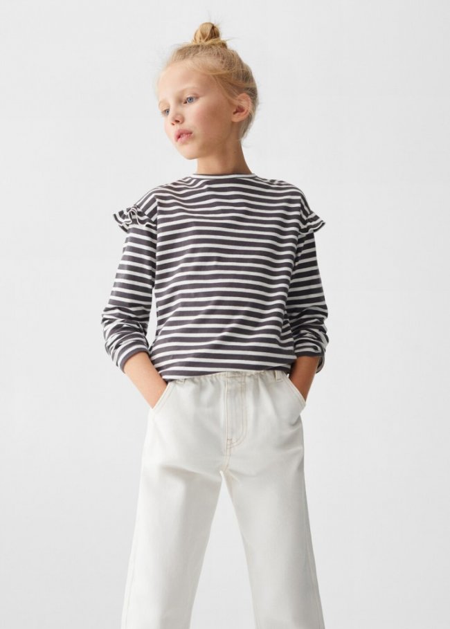 Mango Camiseta rayas manga volante - Gris antracita