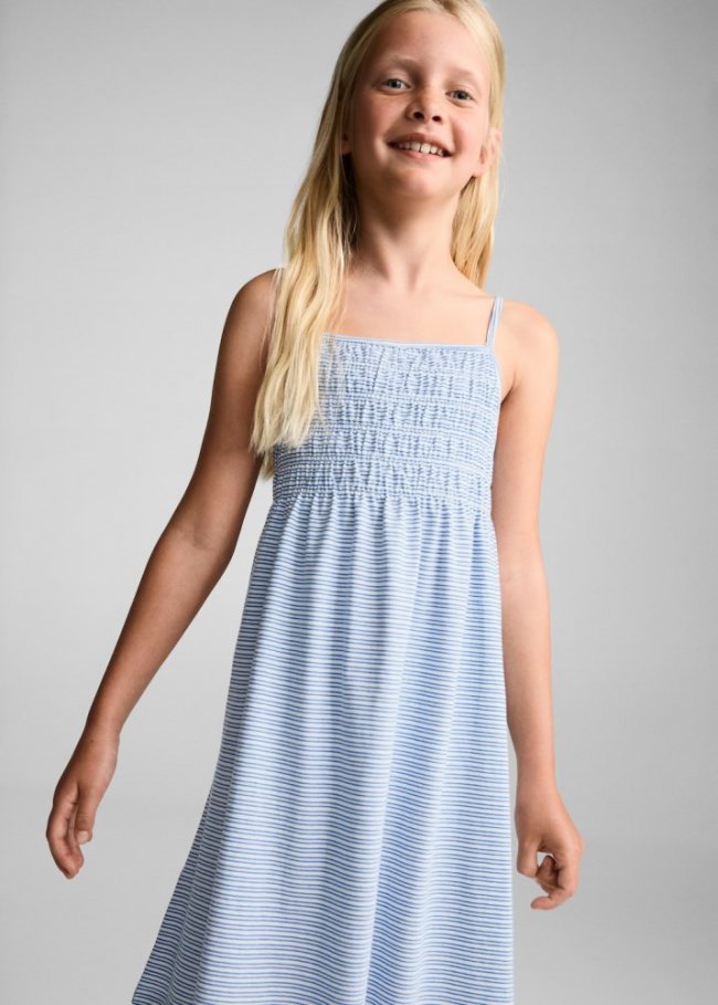 Mango Vestido fruncido rayas - Azul porcelana