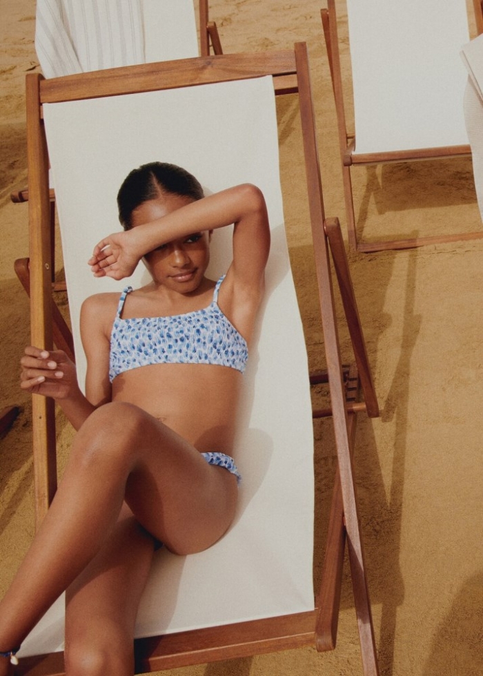Mango Bikini estampado fruncido - Azul celeste