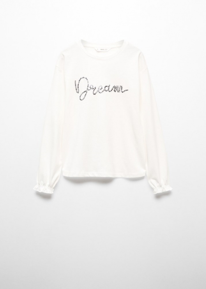 Mango Camiseta mensaje lentejuelas - Blanco roto