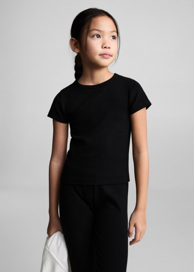 Mango Camiseta algodón canalé - Negro