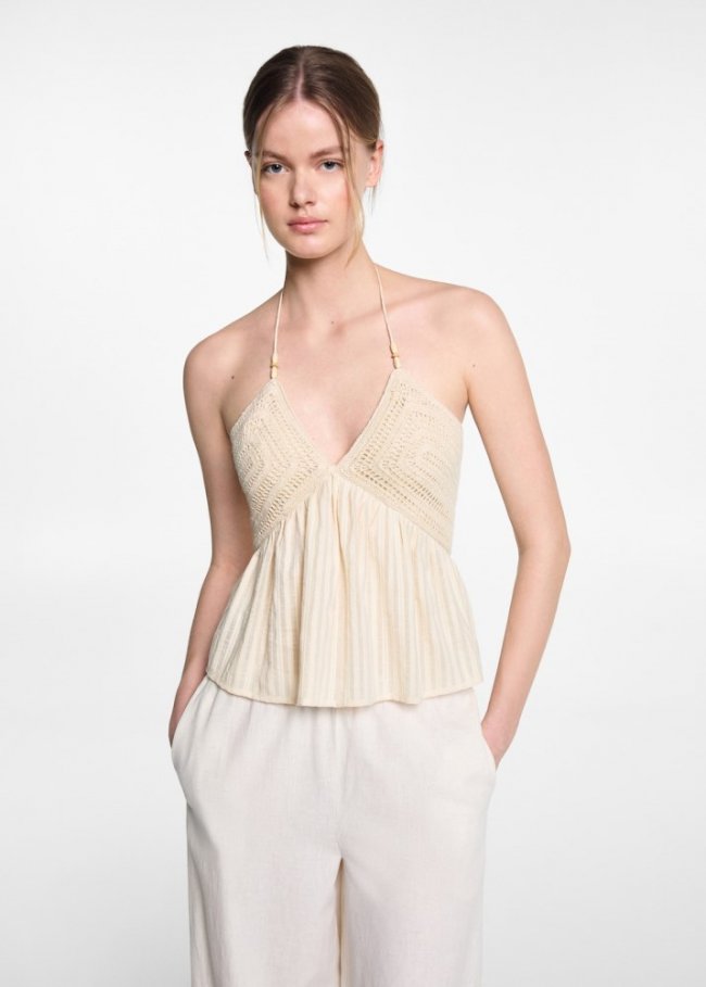 Mango Top panel crochet - Blanco roto