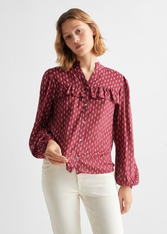 Mango Blusa estampada volantes - Granate