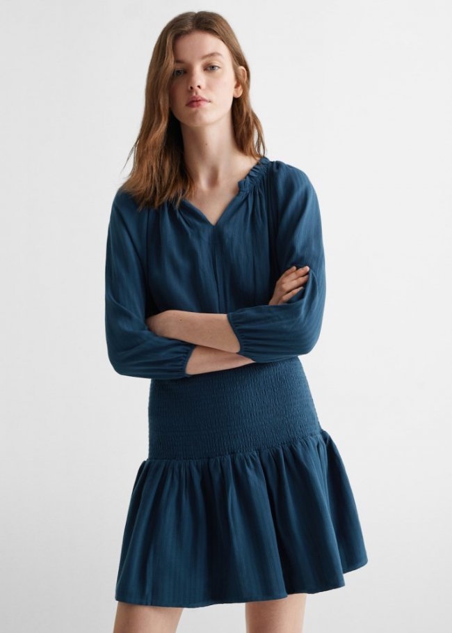 Mango Vestido fruncido volantes - Azul marino oscuro