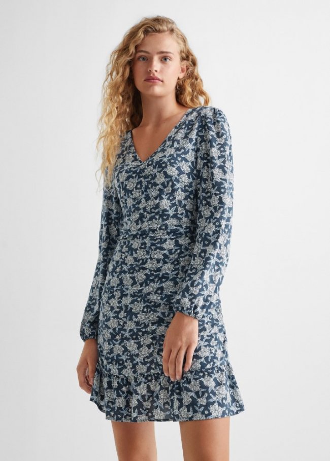 Mango Vestido flores detalle fruncido - Azul marino oscuro