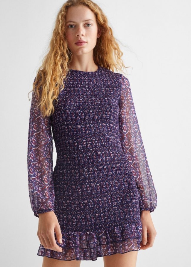 Mango Vestido fruncido estampado - Azul