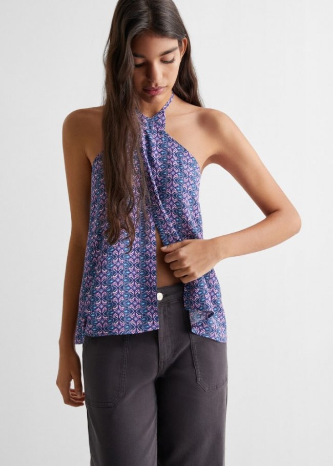 Mango Top cruzado estampado - Azul marino oscuro