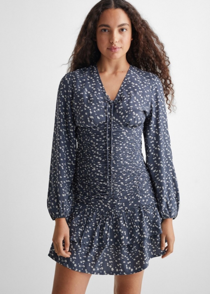 Mango Vestido floral fruncido - Azul marino oscuro