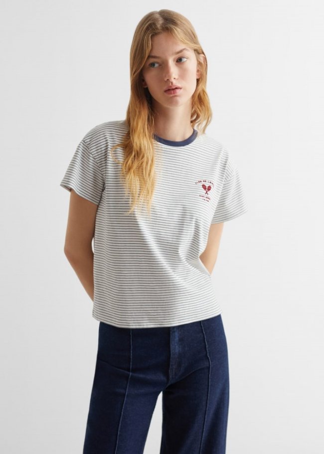 Mango Camiseta algodón rayas - Crudo