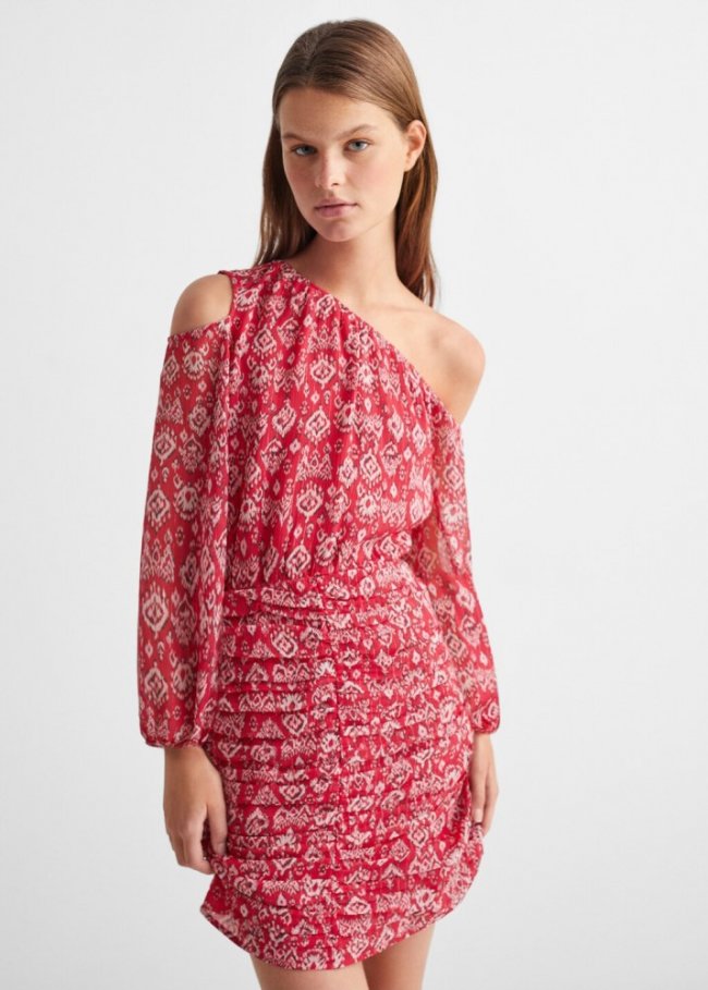 Mango Vestido fruncido estampado - Rojo