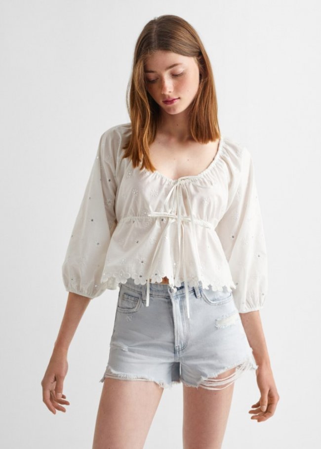 Mango Blusa floral manga abullonada - Blanco