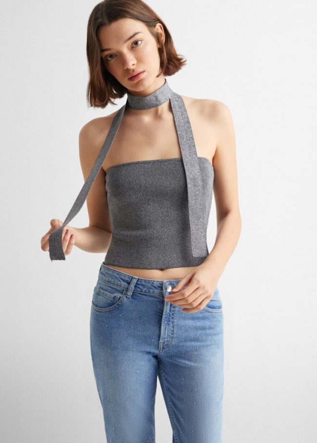 Mango Top bandeau brillante - Gris antracita