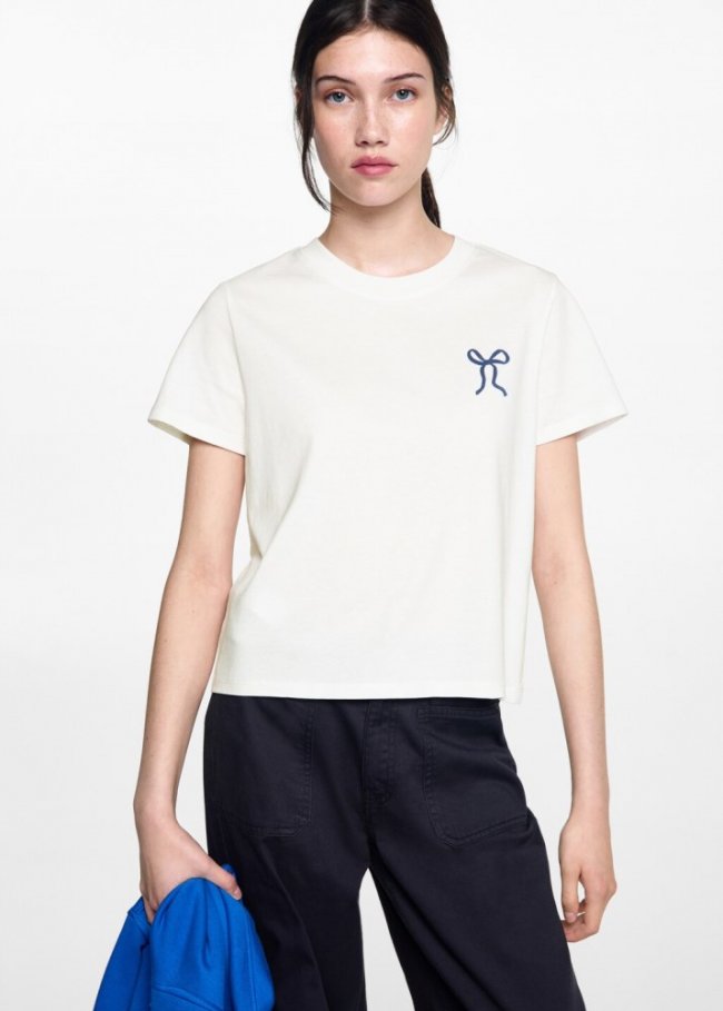 Mango Camiseta algodón lazo - Blanco roto