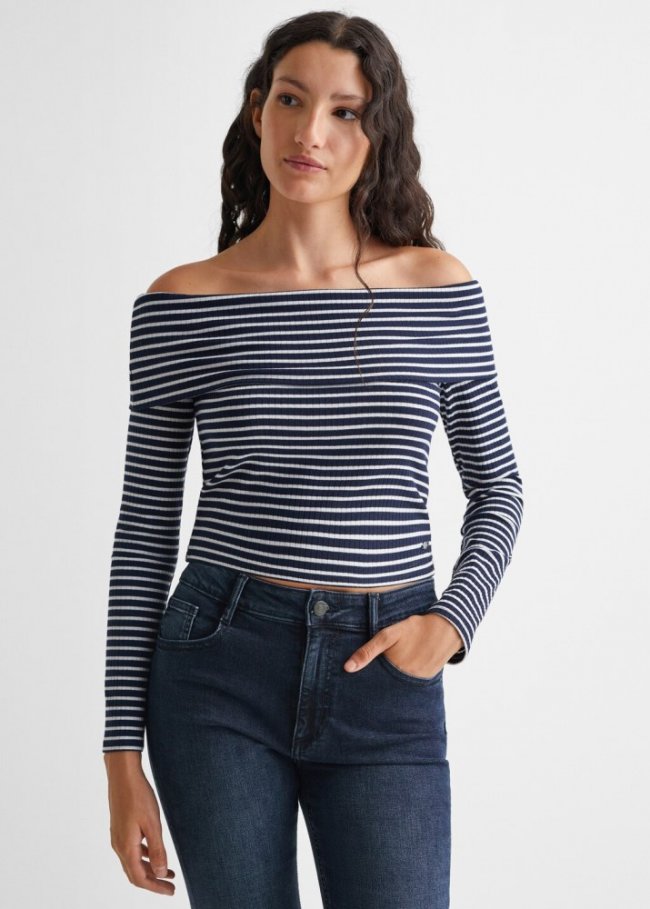 Mango Camiseta off-shoulder rayas - Azul marino