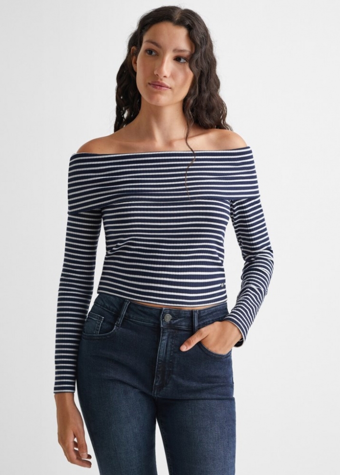Mango Camiseta off-shoulder rayas - Azul marino