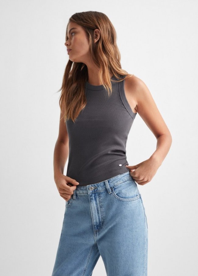 Mango Top canalé algodón - Gris antracita
