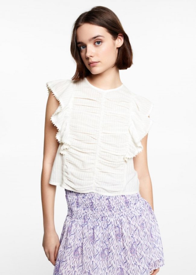 Mango Blusa fruncida volantes - Blanco roto