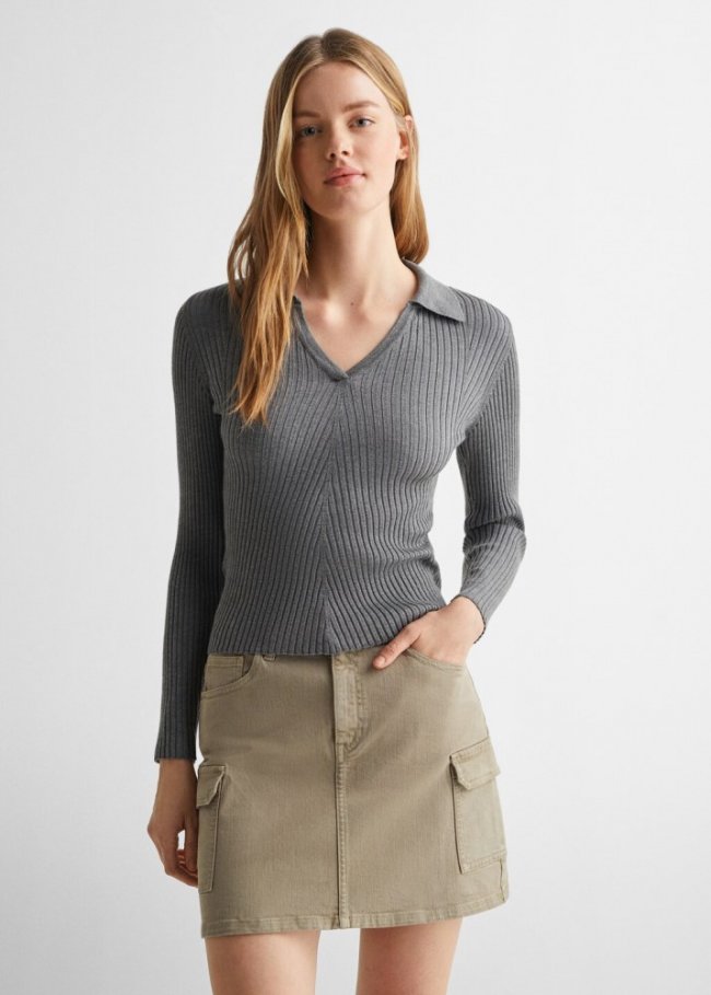 Mango Jersey canalé cuello polo - Gris