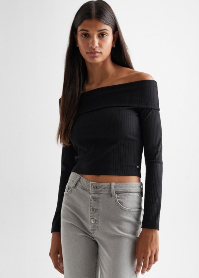 Mango Camiseta off-shoulder rayas - Negro