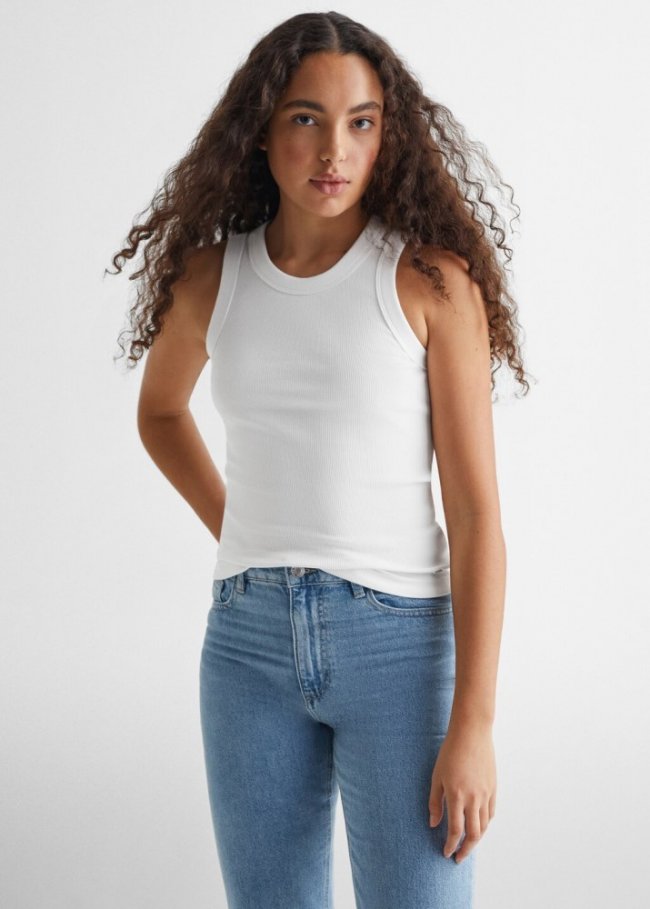 Mango Top canalé algodón - Blanco