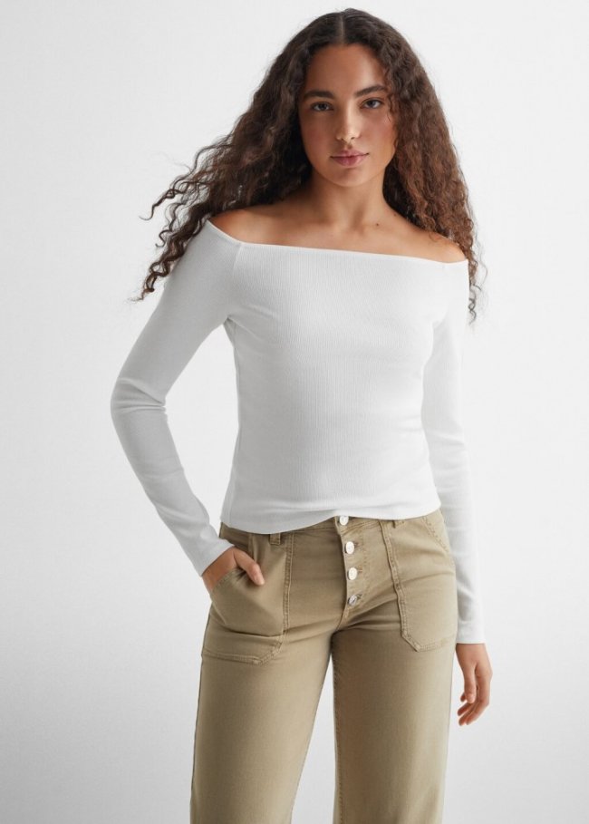 Mango Camiseta canalé hombros descu - Blanco