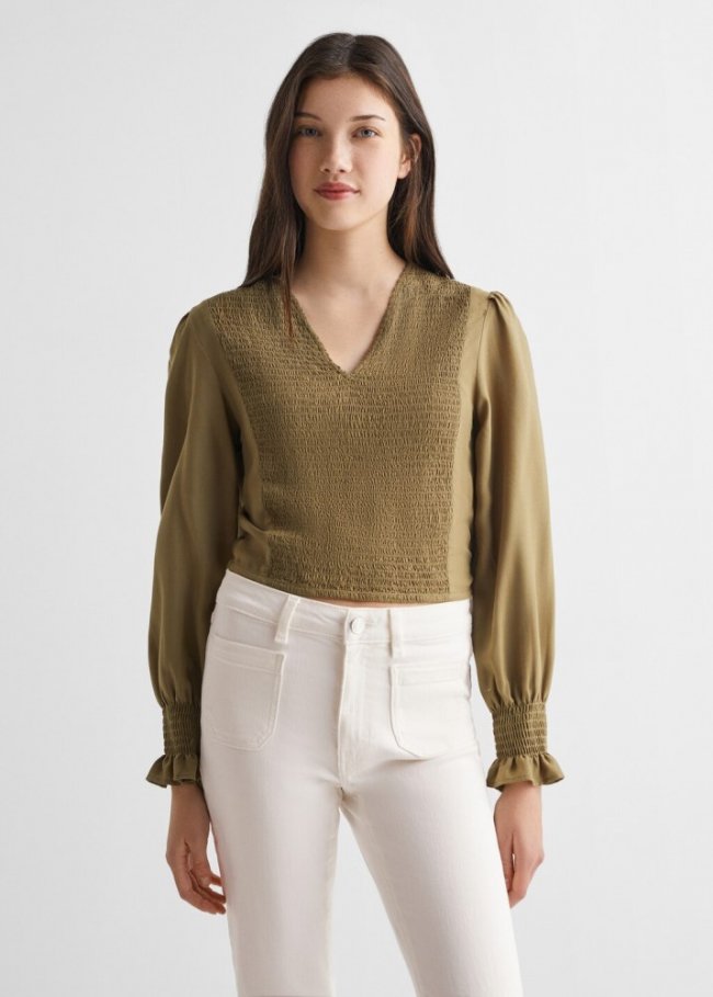 Mango Blusa fluida fruncida - Khaki