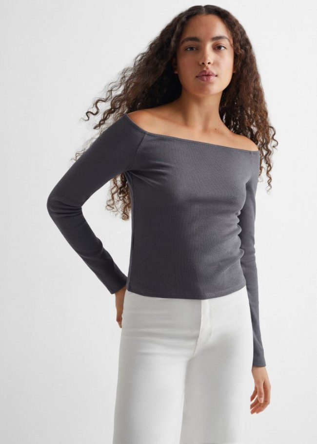 Mango Camiseta canalé hombros descu - Gris antracita