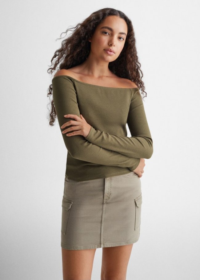 Mango Camiseta canalé hombros descu - Khaki