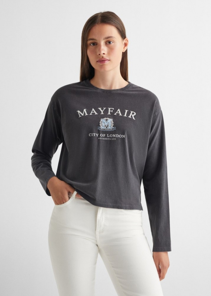 Mango Camiseta manga larga mensaje - Gris