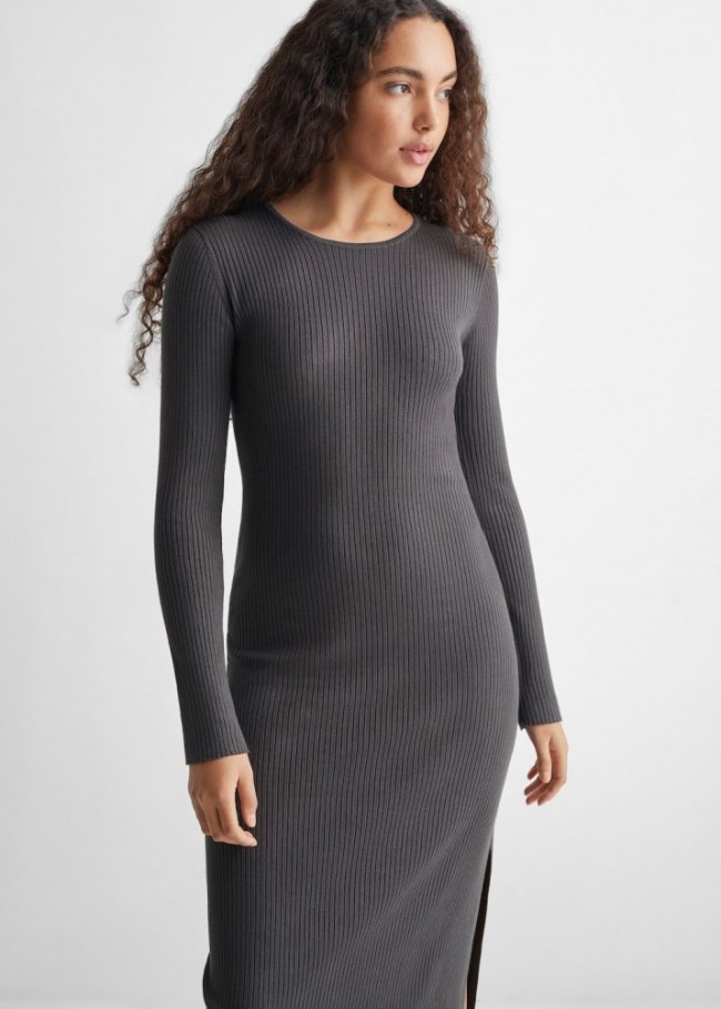 Mango Vestido midi canalé - Gris