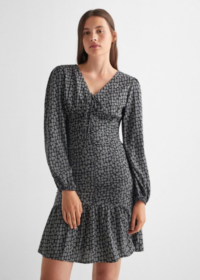 Mango Vestido estampado volantes - Negro