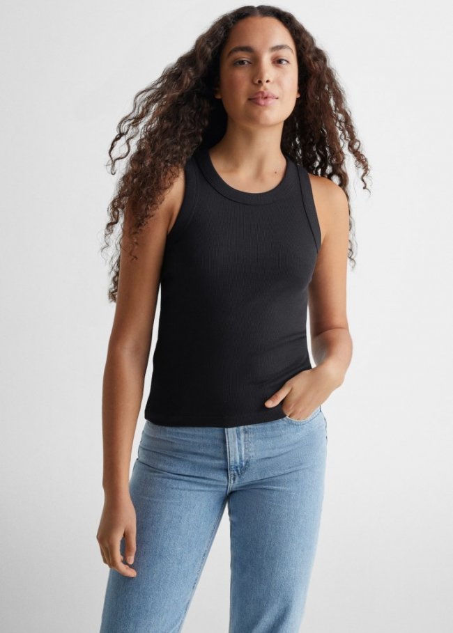 Mango Top canalé algodón - Negro