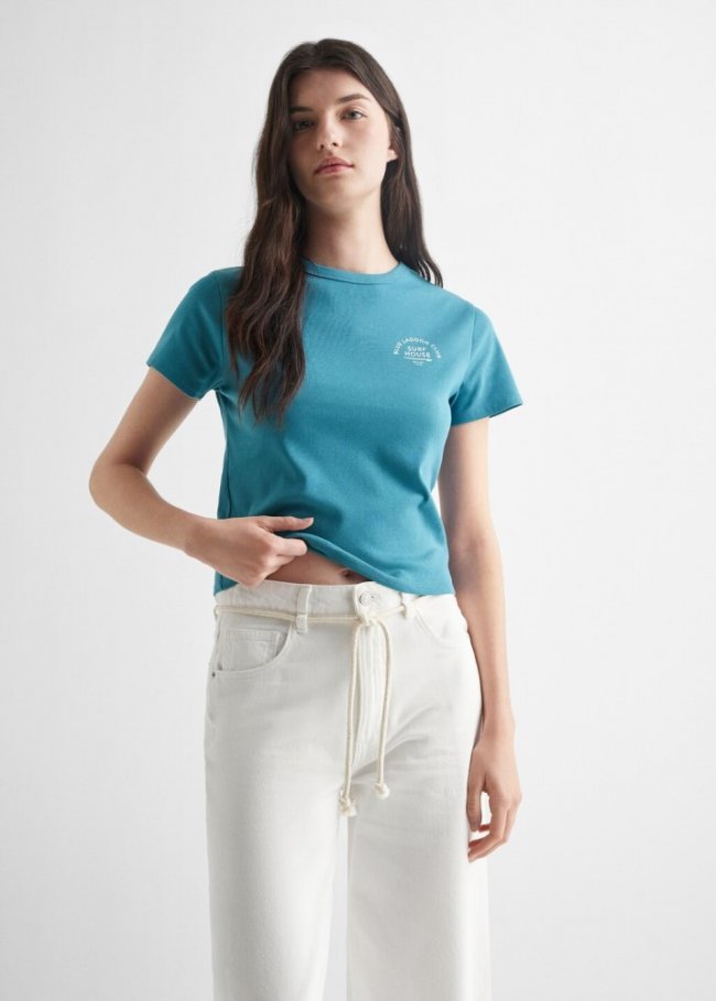 Mango Camiseta estampada algodón - Azul petróleo