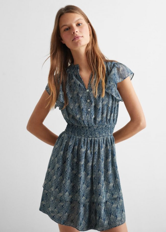 Mango Vestido estampado volantes - Azul marino oscuro