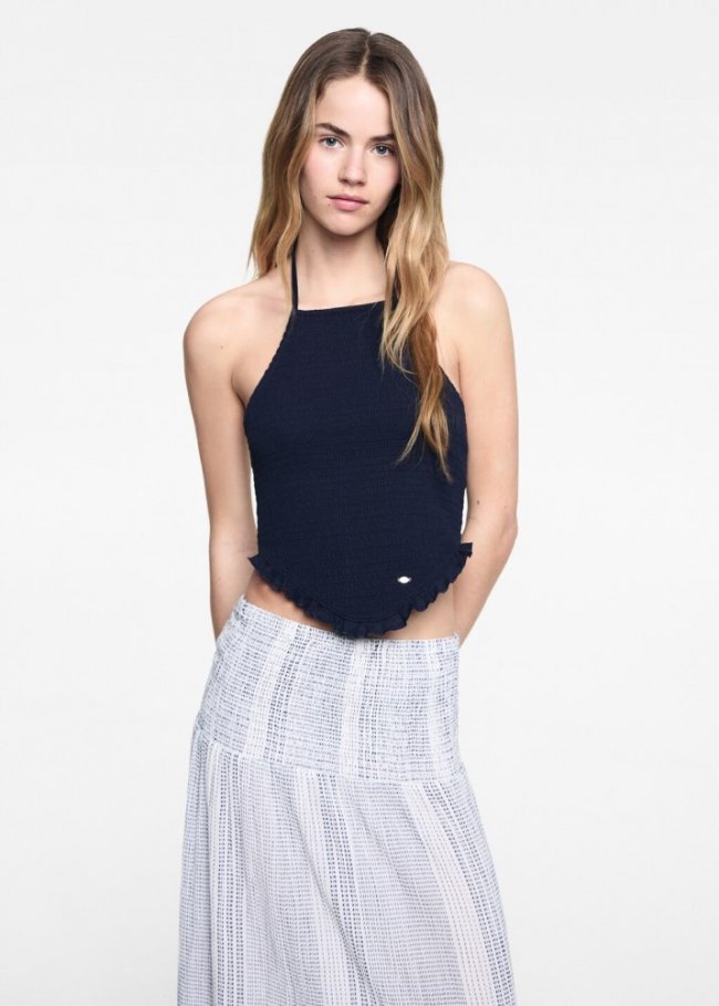 Mango Top algodón fruncido - Azul marino oscuro