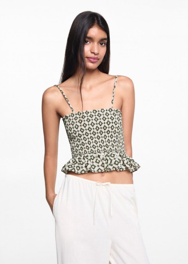 Mango Top fruncido estampado - Blanco roto