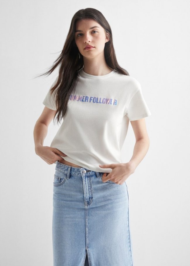 Mango Camiseta algodón mensaje - Blanco roto