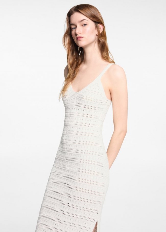 Mango Vestido midi punto abertura - Blanco roto