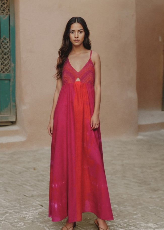 Mango Vestido largo crochet - Fucsia