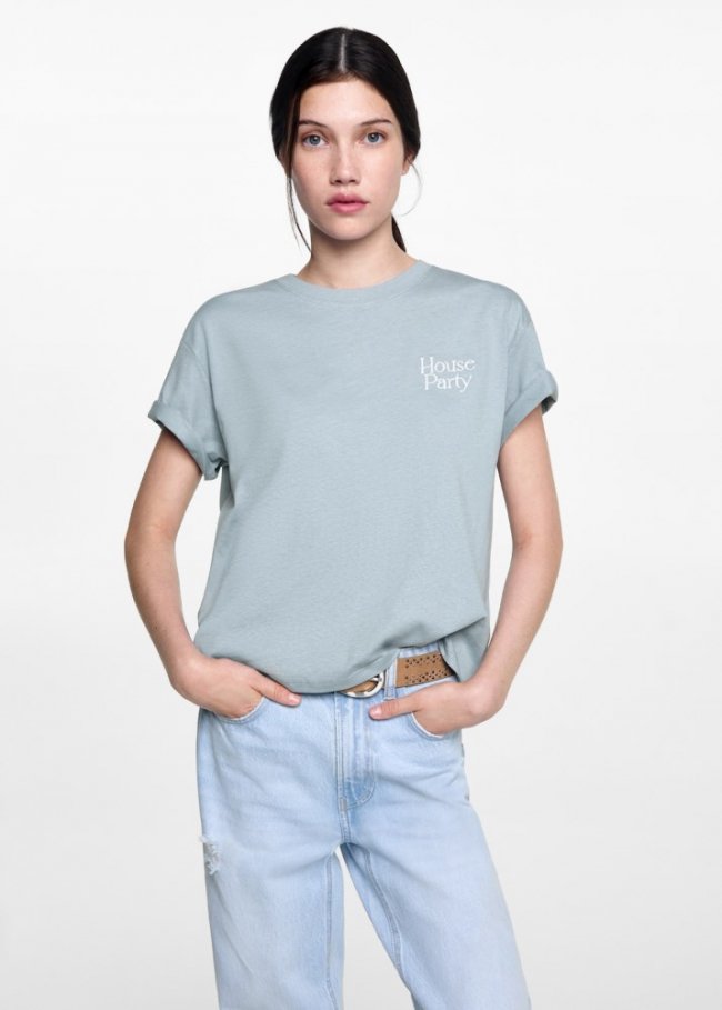 Mango Camiseta mensaje bordado - Blanco roto