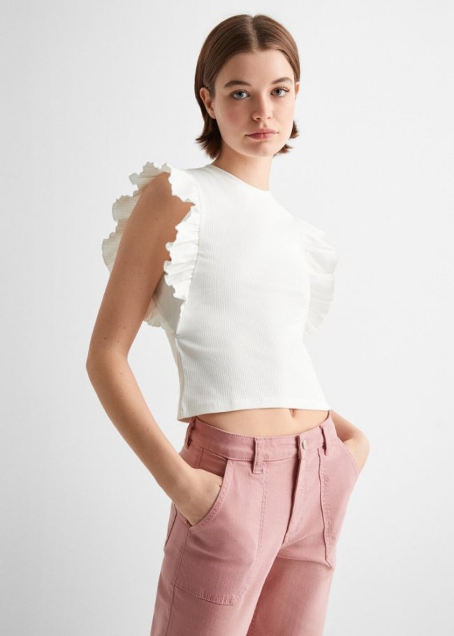 Mango Camiseta algodón volantes - Blanco roto