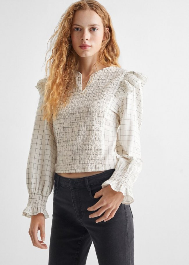 Mango Blusa cuadros volante - Crudo