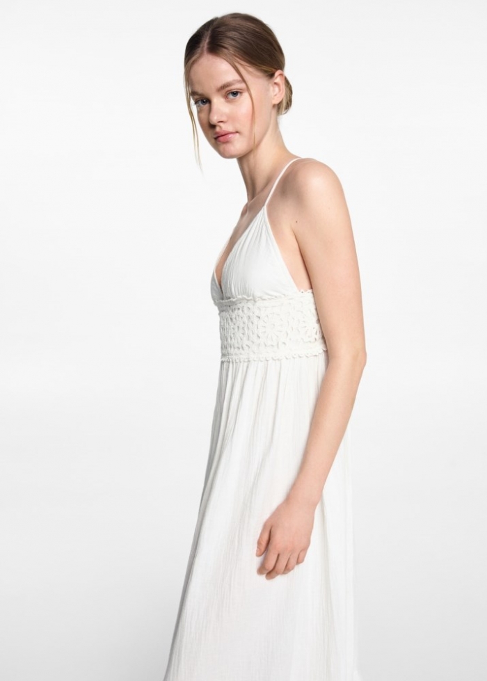Mango Maxi vestido bordado volante - Blanco roto
